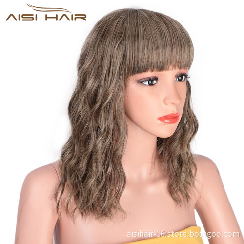 Aisi Hair Wholesale Cheap Synthetic Short Curly Wave Brown Bob Wigs With Neat Bangs Hair Wigs For Black White Women